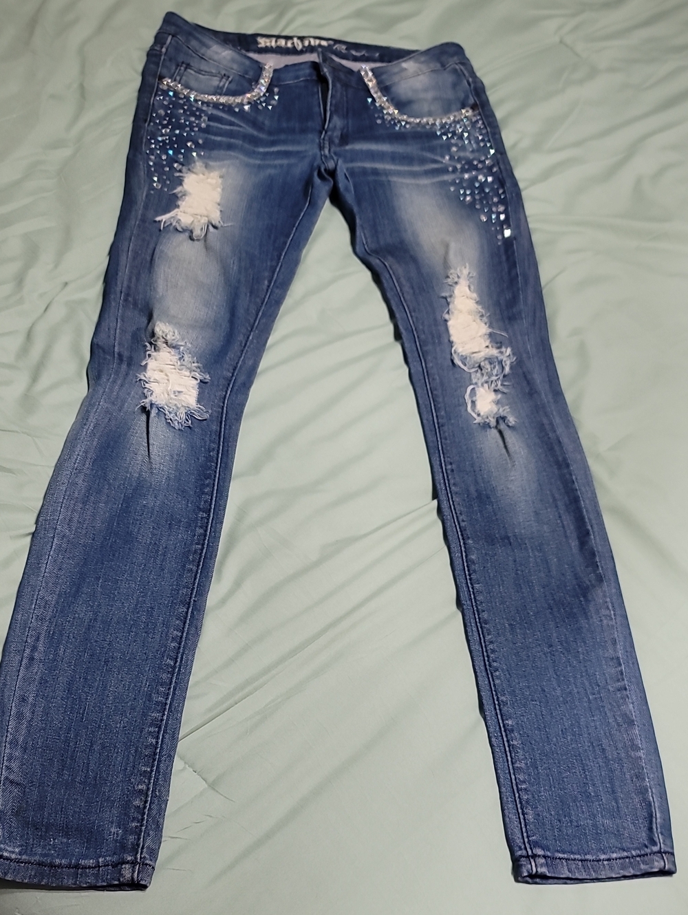 Embellished Distressed Blue Women's Jeans